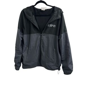 ESPN Windbreaker Jacket Mens Medium Black Gray Full Zip Hooded Lightweight